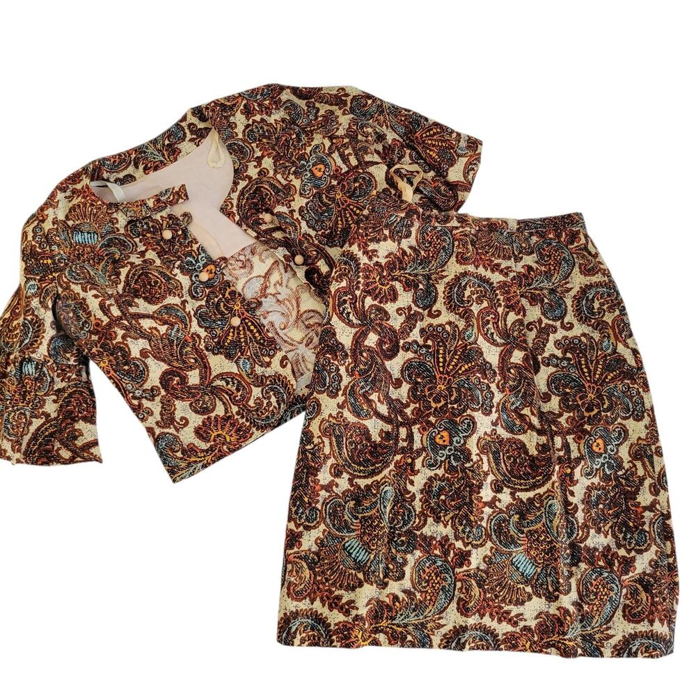 Vtg Paisley Boho 2PC Suit bell sleeve Barkcloth Tapestry MD Craftmade Old Money